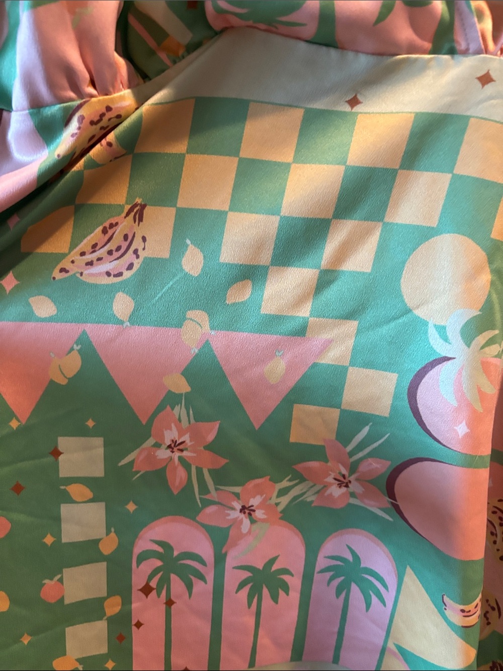 Never Fully Dressed Green and Pink Printed V-Neck Mini Dress - Picture 3 of 7